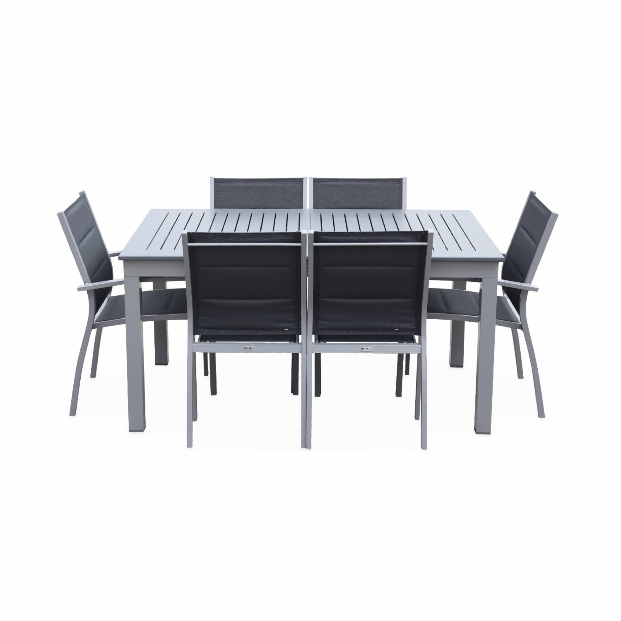 Table de jardin extensible aluminium + 6 assises - Chicago 210 Gris - Table en aluminium 150/210cm avec rallonge et 6 assises en textilène
