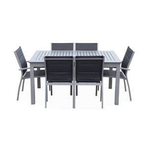 Table de jardin extensible aluminium + 6 assises - Chicago 210 Gris - Table en aluminium 150/210cm avec rallonge et 6 assises en textilène