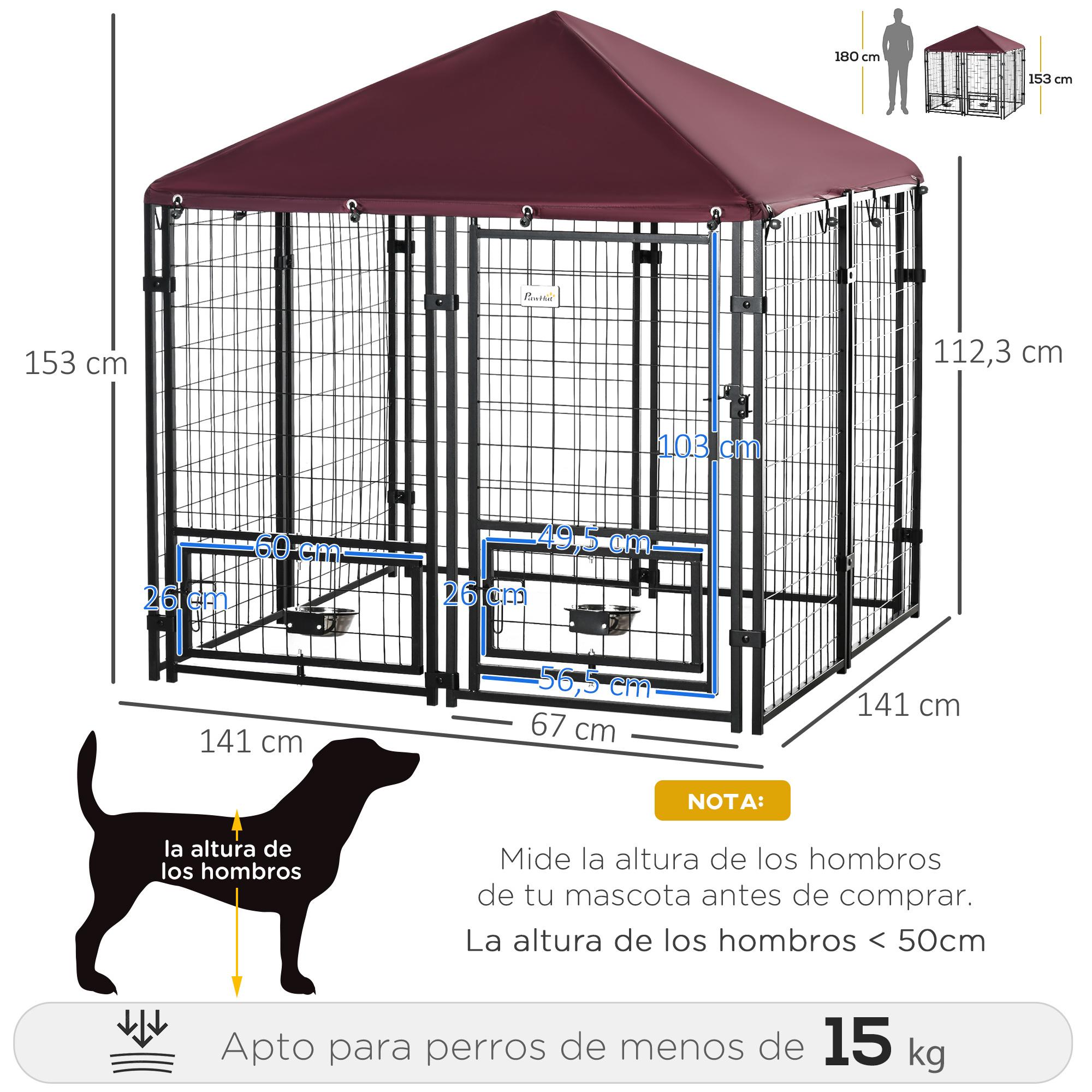 Perrera de 8 Paneles Parque para Perros Metálica de Exterior con 2 Soportes Giratorios para Comida 2 Cuencos y Toldo de Impermeable y Anti-UV 141x141x153 cm Negro y Rojo