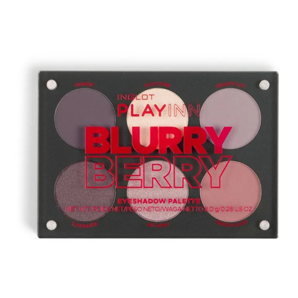 INGLOT Playinn Blurry Berry Eyeshadow Palette, Paleta de sombra mate y con brillo especial para crear ahumados de ojos, con sus tonos grises cálidos y rosas empolvados. 8,0gr