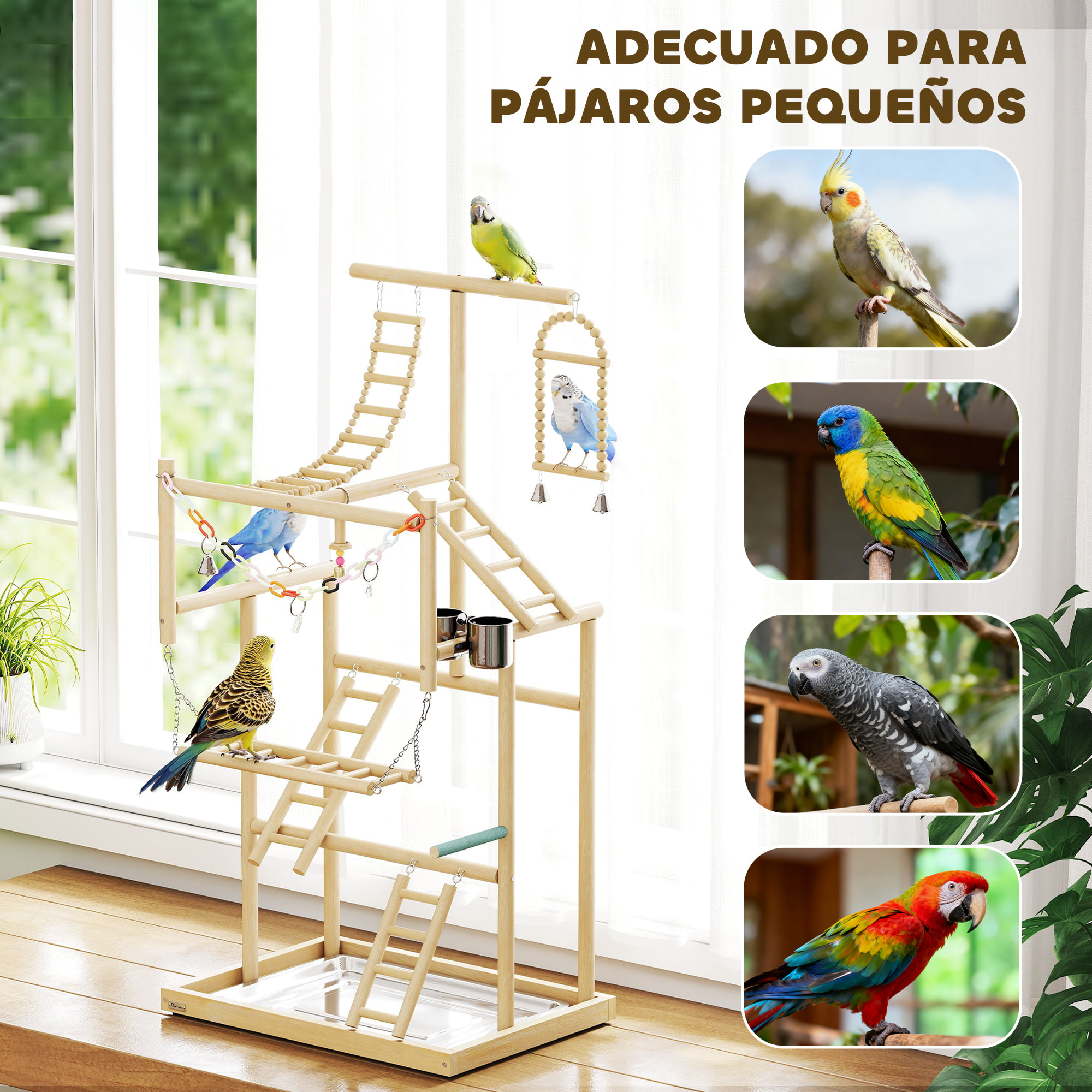 Parque de Juegos para Pájaros, Soporte de Madera para Pájaros con Escaleras, Columpio, Juguete de Cadena, Bandeja, Comederos, para Periquitos, Cacatúas, Cotorras, Agapornis, 48x38x95 cm