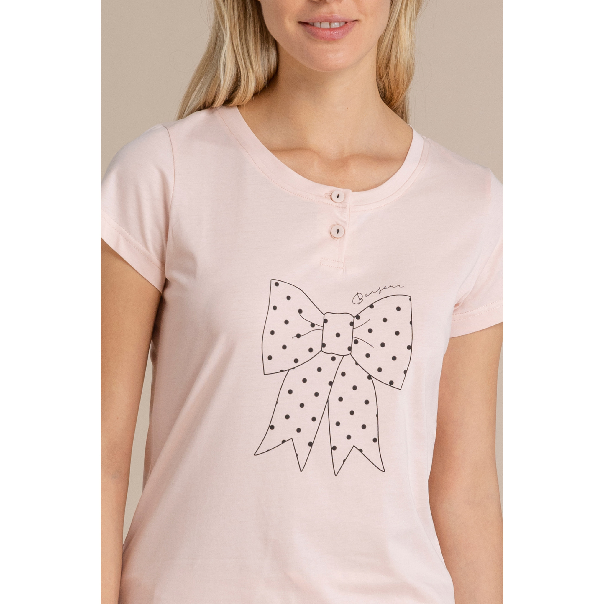 Pigiama donna in cotone top manica corta con collo due bottoni e pantalone corto articolo pois Noidinotte