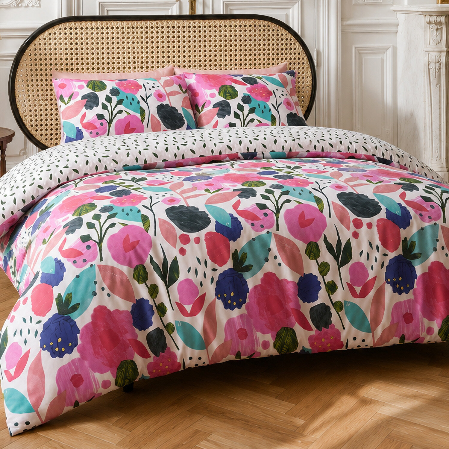 Parure housse de couette 100% percale de coton motif floral printemps blanc rose - KATE MERRITT