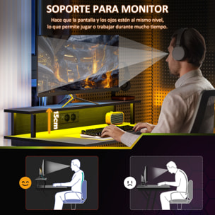 Mesa Gaming con Luces LED, 100x60 cm, Escritorio Gaming, Mesa Gamer con Tomas de Corriente, Soporte para Monitor, Estantes y Control Remoto, para Oficina, Estudio, Negro
