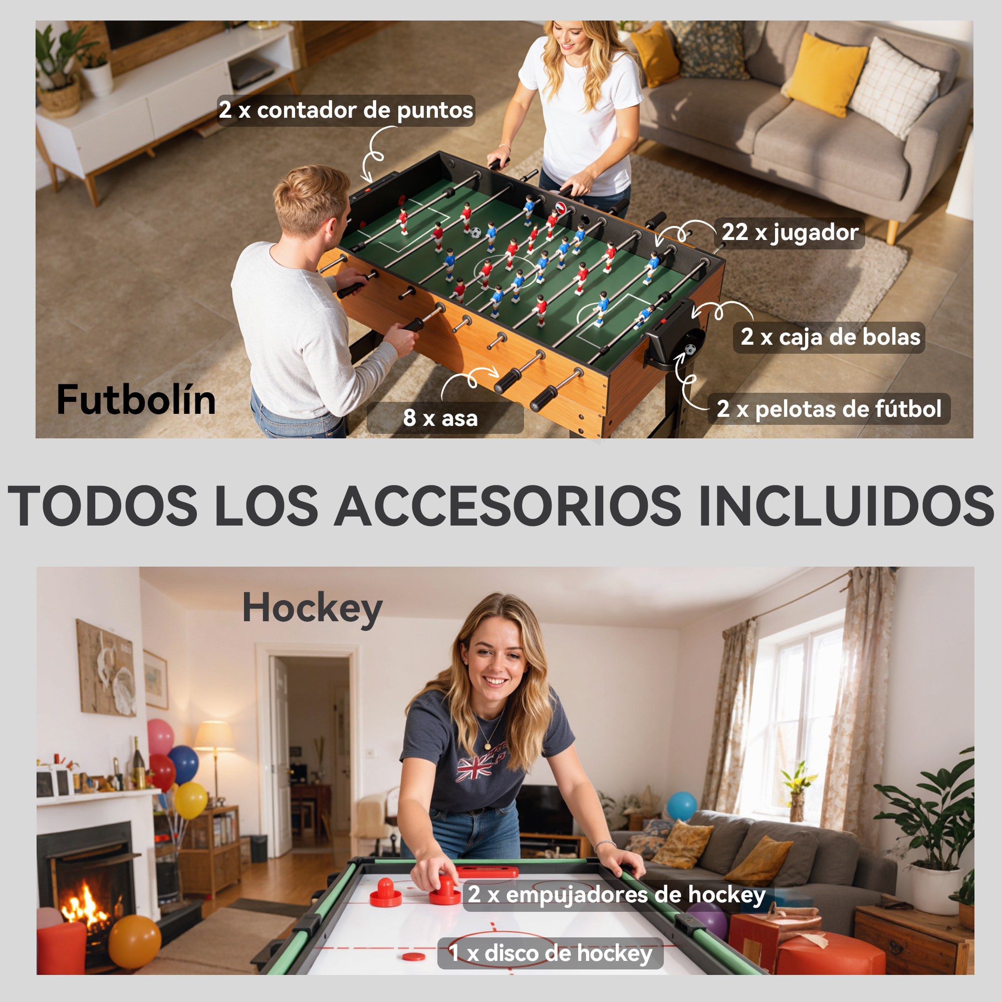 Mesa Multijuegos 5 en 1, Mesa de Juego con Futbolines para Niños, Billar, Ping-pong, Hockey y Baloncesto, Diversión Familiar para Adultos y Niños, 134x108x144 cm, Natural y Negro