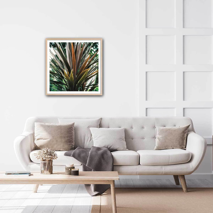 Affiche fleur de yucca et forêt tropicale Affiche + cadre en bois - Chêne