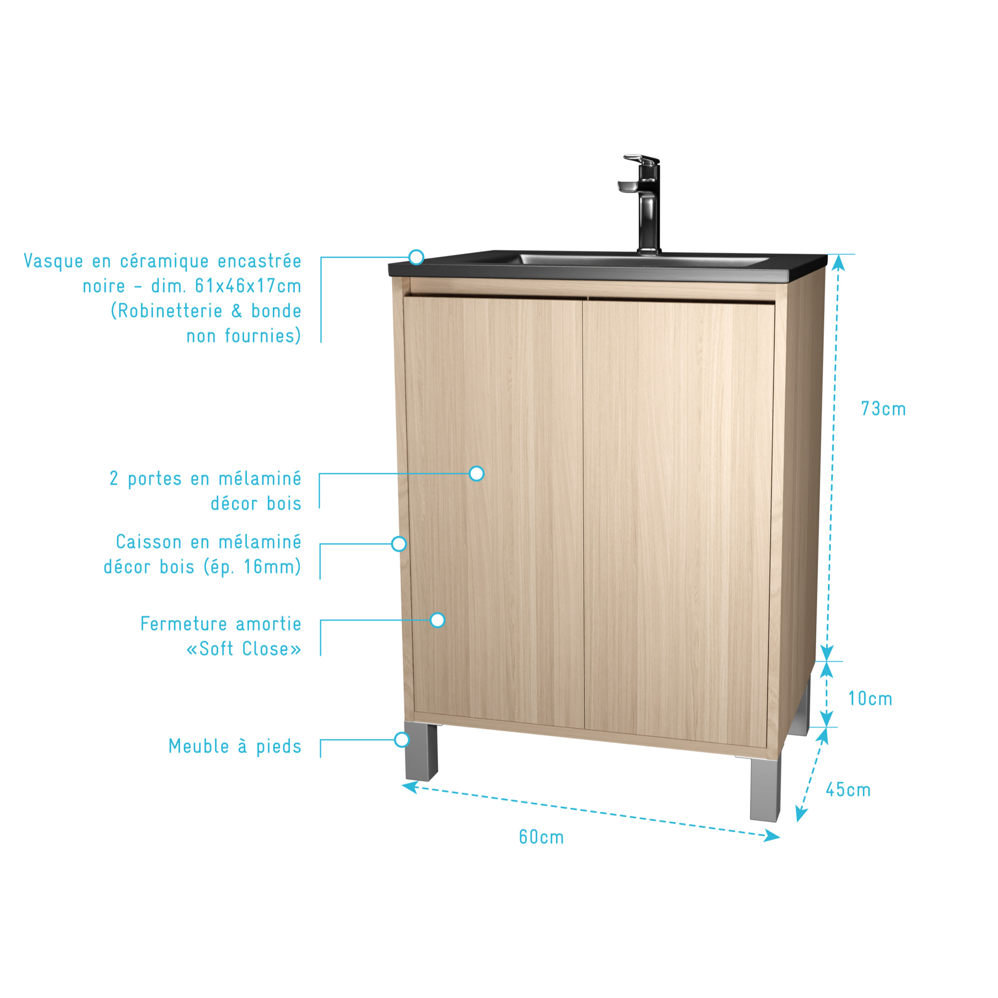 Meuble de salle de bains 60 cm 2 Portes Chêne Clair + Vasque Céramique Noire - XENOS