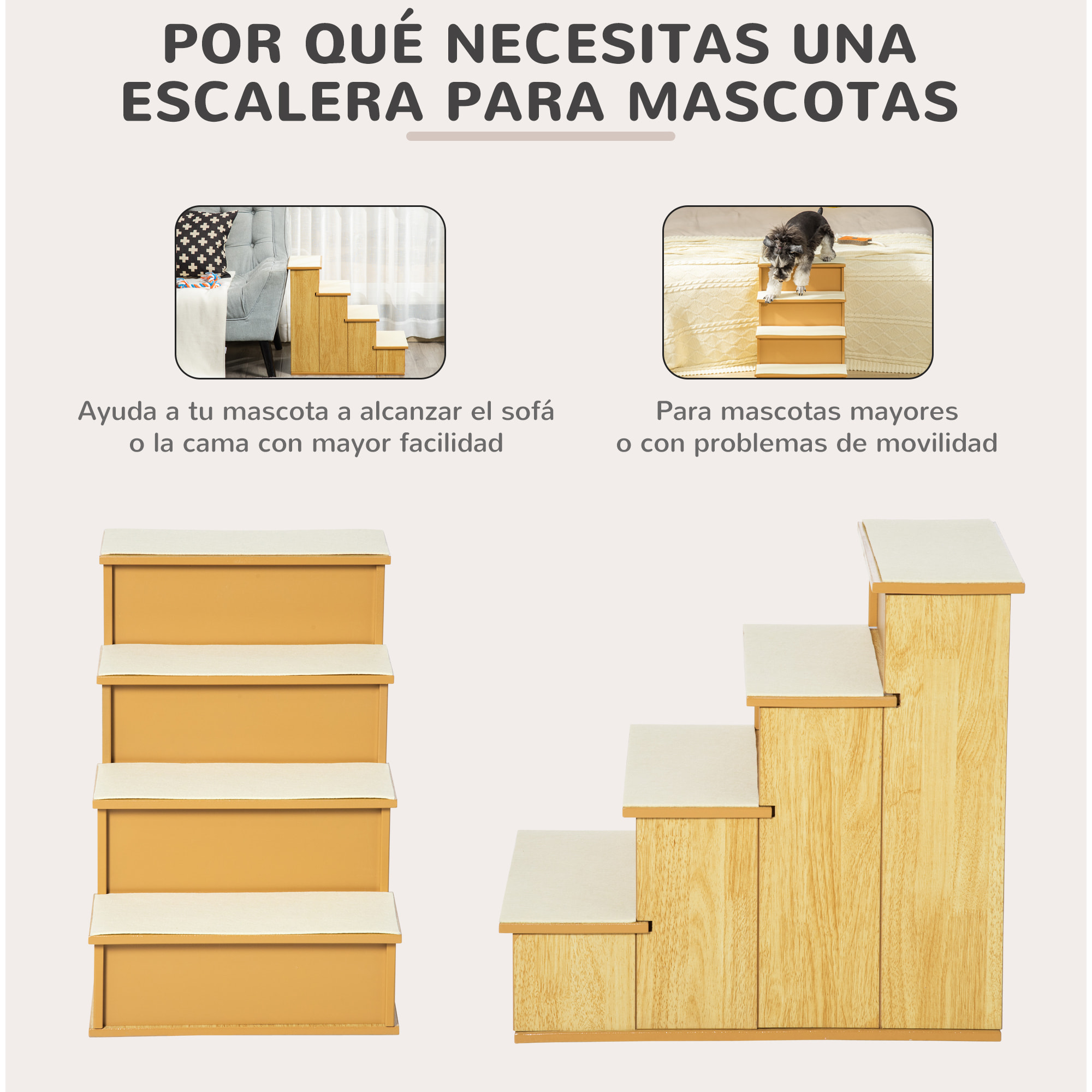 Escalera para Perros de 4 Peldaños Escalera para Mascotas Escalones para Perros Gatos con Acolchados Desmontables Carga 30 kg para Cama Sofá 40x59x54,2 cm Natural y Crema
