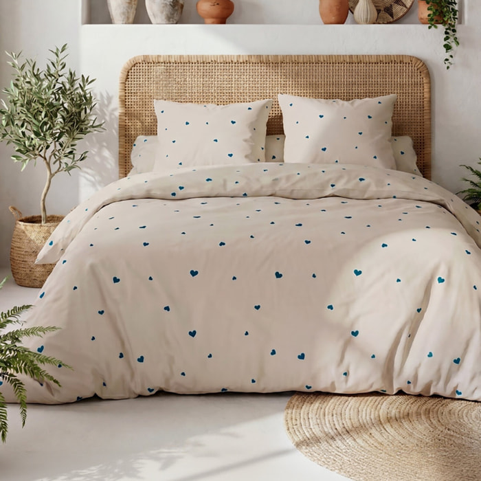 Parure housse de couette 240x220 cm imprimée cœur bleu + 2 taies 100% Coton - LAMOURELLE