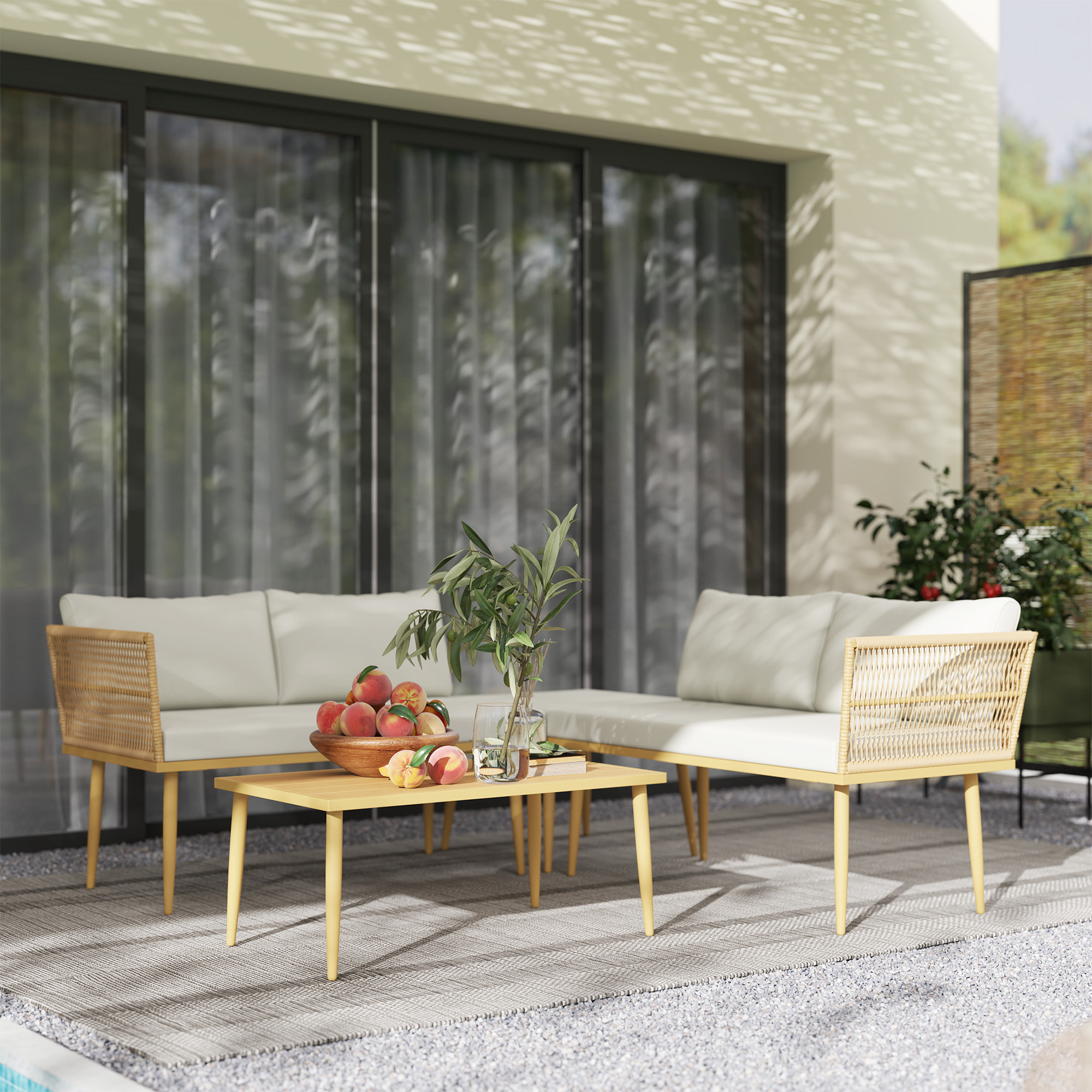 Ensemble salon de jardin 5 places modulables avec table basse et coussins résine tressée filaire beige
