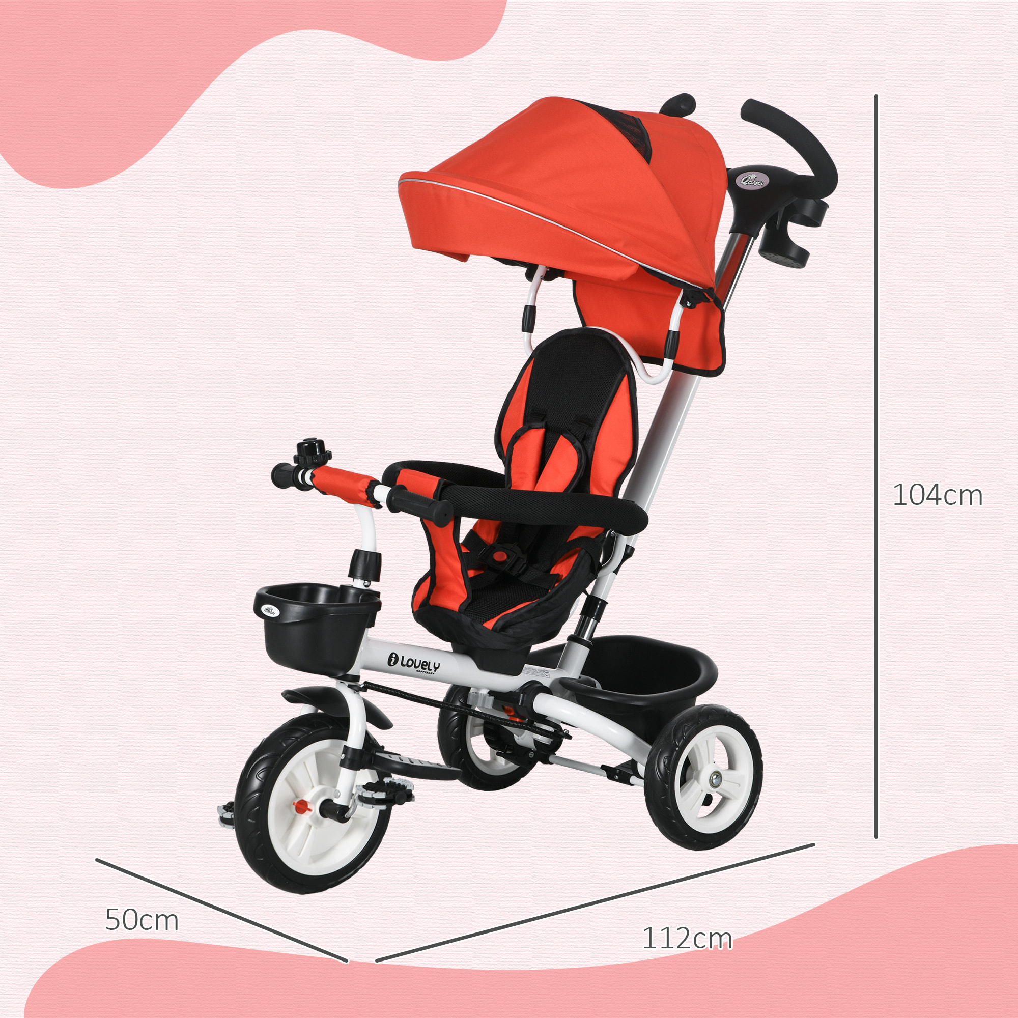 Triciclo para Bebés Plegable Triciclo Evolutivo 2 en 1 para Niños de 12-60 Meses con Toldo Plegable Mango de Empuje Telescópico Reposapiés Cinturón de Seguridad y Cestas Rojo