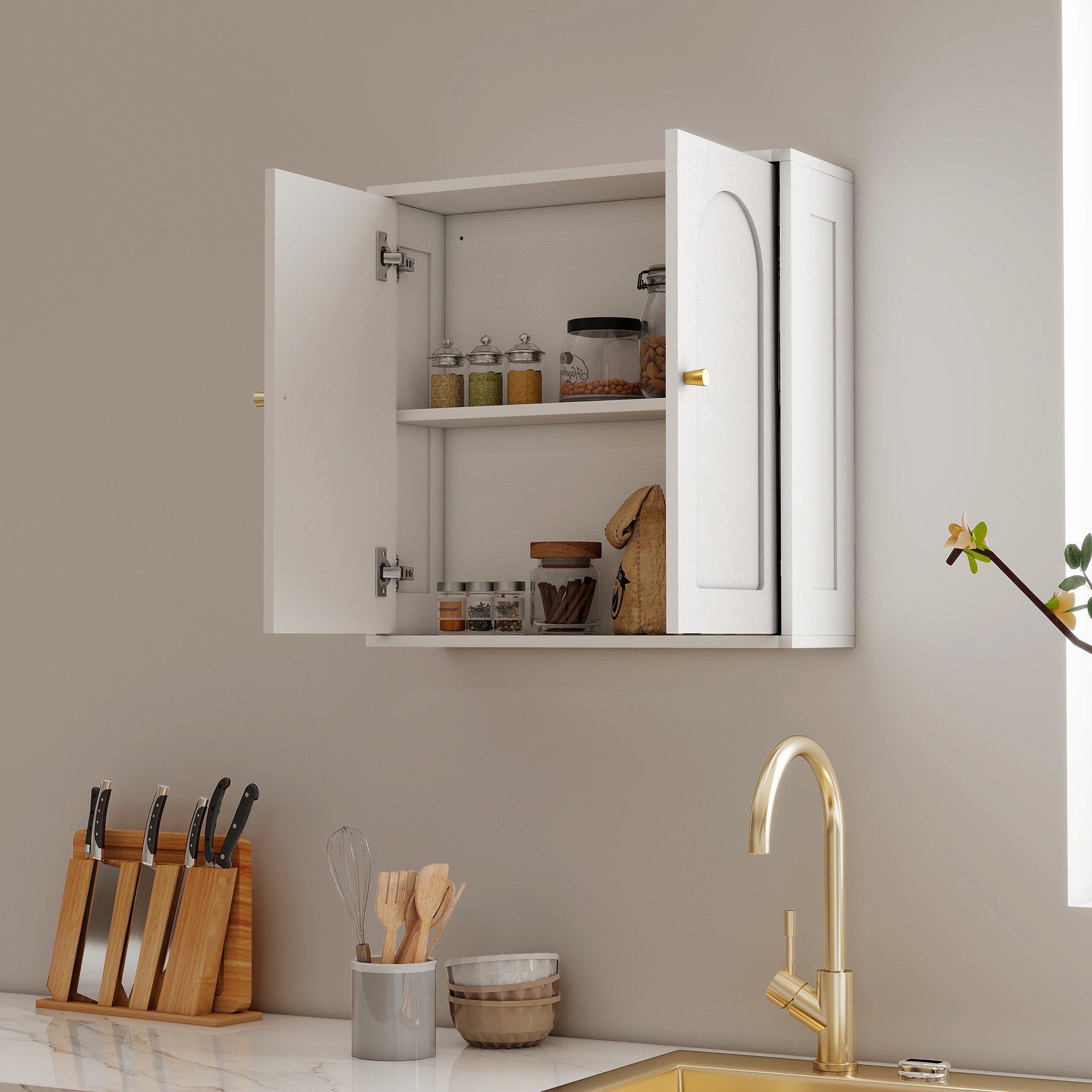 Armario de Baño de Pared Mueble de Baño Colgar con Estantes 2 Puertas con Diseño de Arco Tiradores Dorados 60x20x60 cm Blanco