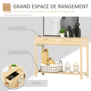 Console table d'appoint dim. 100L x 30l x 76H cm 2 tiroirs façades cannage en rotin étagère MDF aspect bois clair