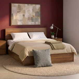 Lit avec sommier à lattes et tête de lit 140 x 190cm + 4 tiroirs décor bois KUBA