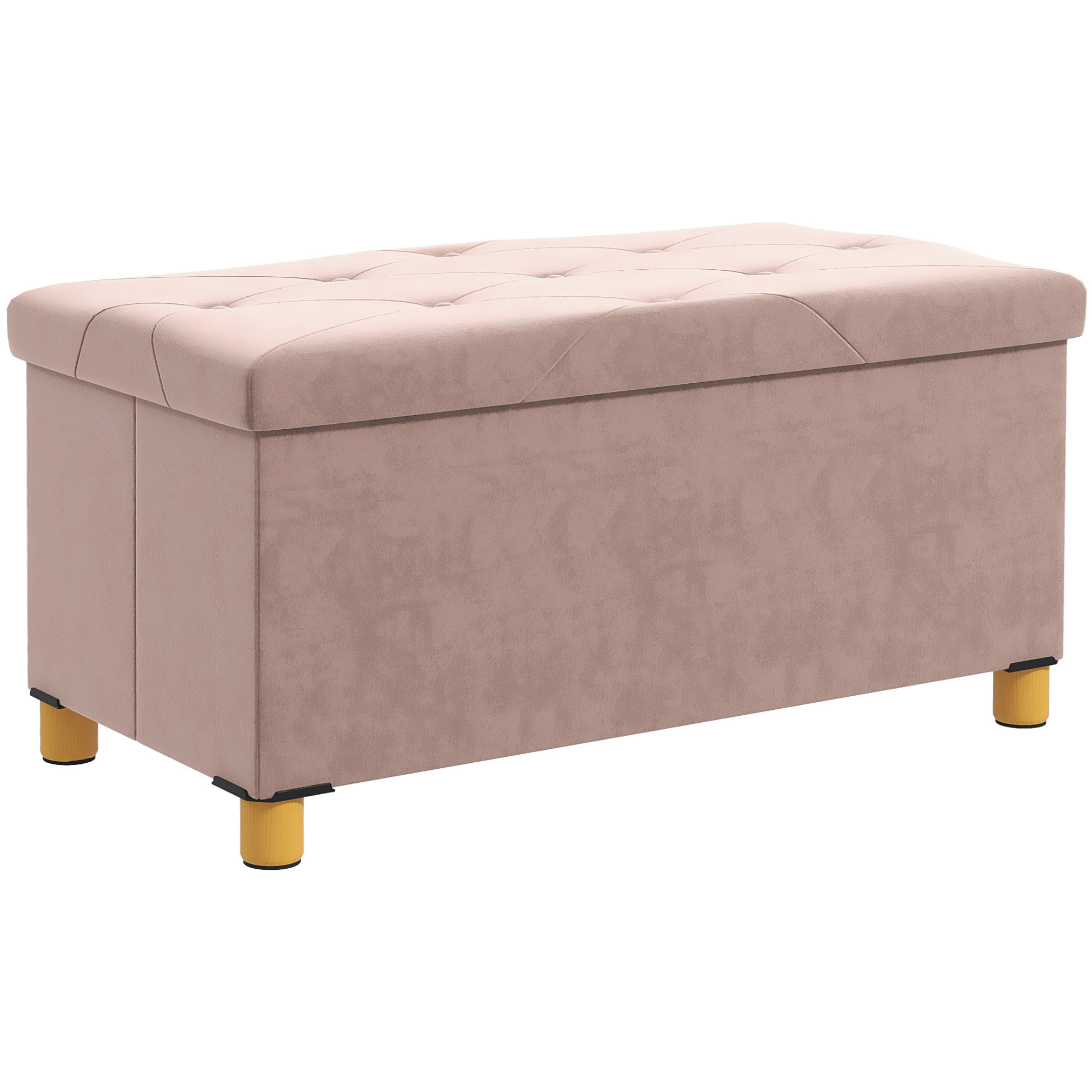 Banc coffre style Chesterfield effet capitonné dim. 76L x 38l x 38H cm piètement bois velours vieux rose