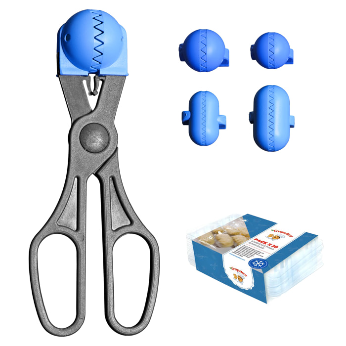 Pack utensilio multiusos con 4 moldes intercambiables color azul + 20 bandejas de conservación - La croquetera: patentado y fabricado en España