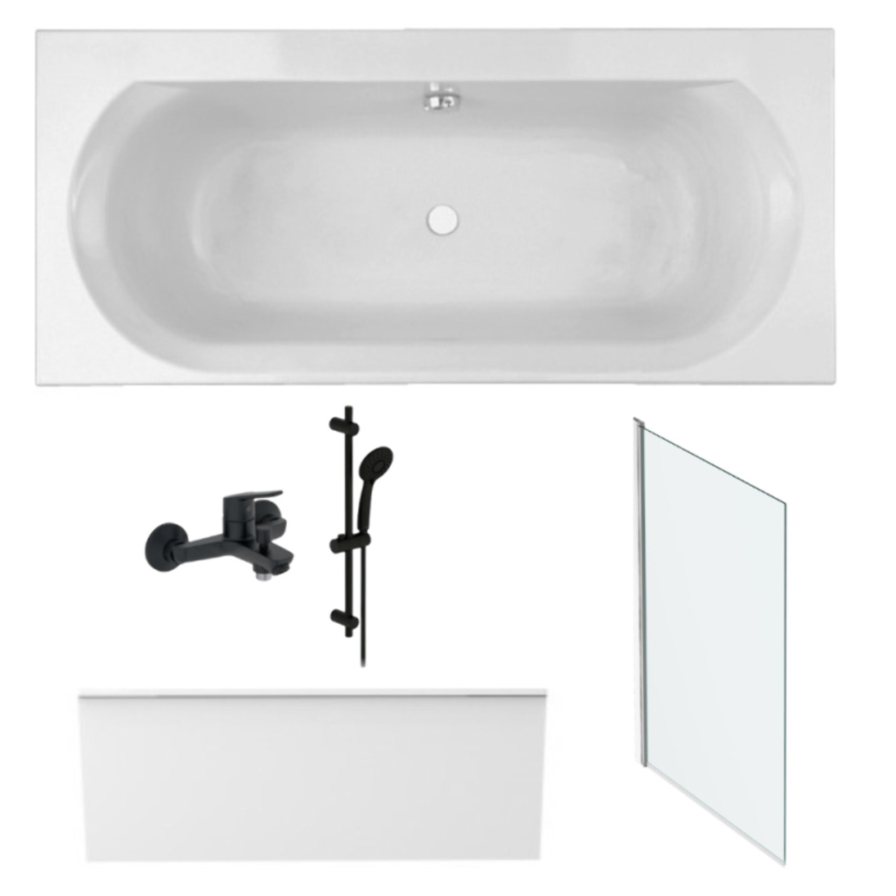Pack baignoire Elise + tablier niche + pommeau et mitigeur bain noir Aimé + pare bain chromé + vidage
