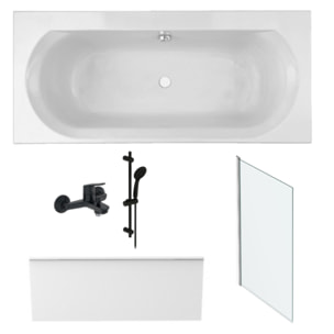 Pack baignoire Elise + tablier niche + pommeau et mitigeur bain noir Aimé + pare bain chromé + vidage