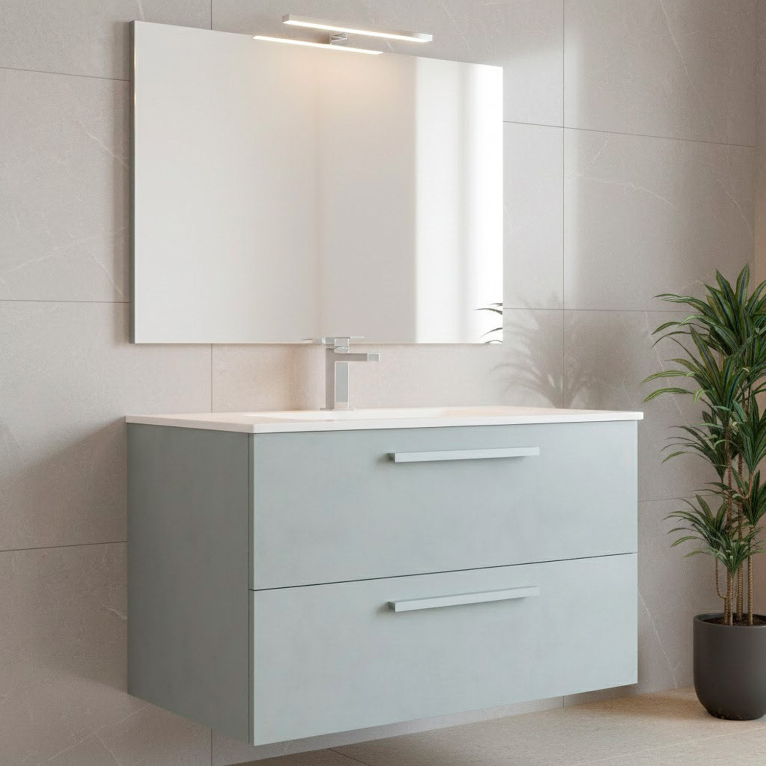 Mobile Mobiletto Bagno Sospeso Con 2 Cassettoni Soft Close Con Lavabo In Ceramica Specchio E Led Da 30 Cm 57 x 80 x 45 Cm Colore Grigio Cemento