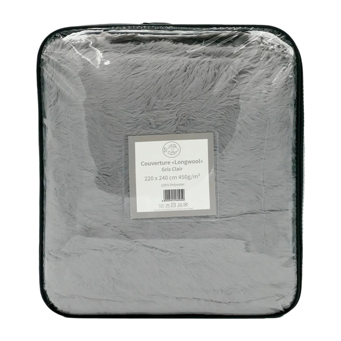 Plaid couverture imitation poils longs 220x240cm 450g/m² - Longwool gris clair
