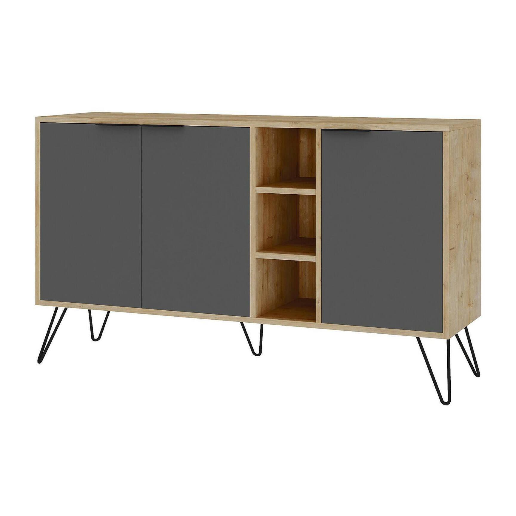 Credenza Dpenz, Buffet da soggiorno, Madia da salotto, Dispensa da cucina, 142x36h83 cm, Quercia e Antracite