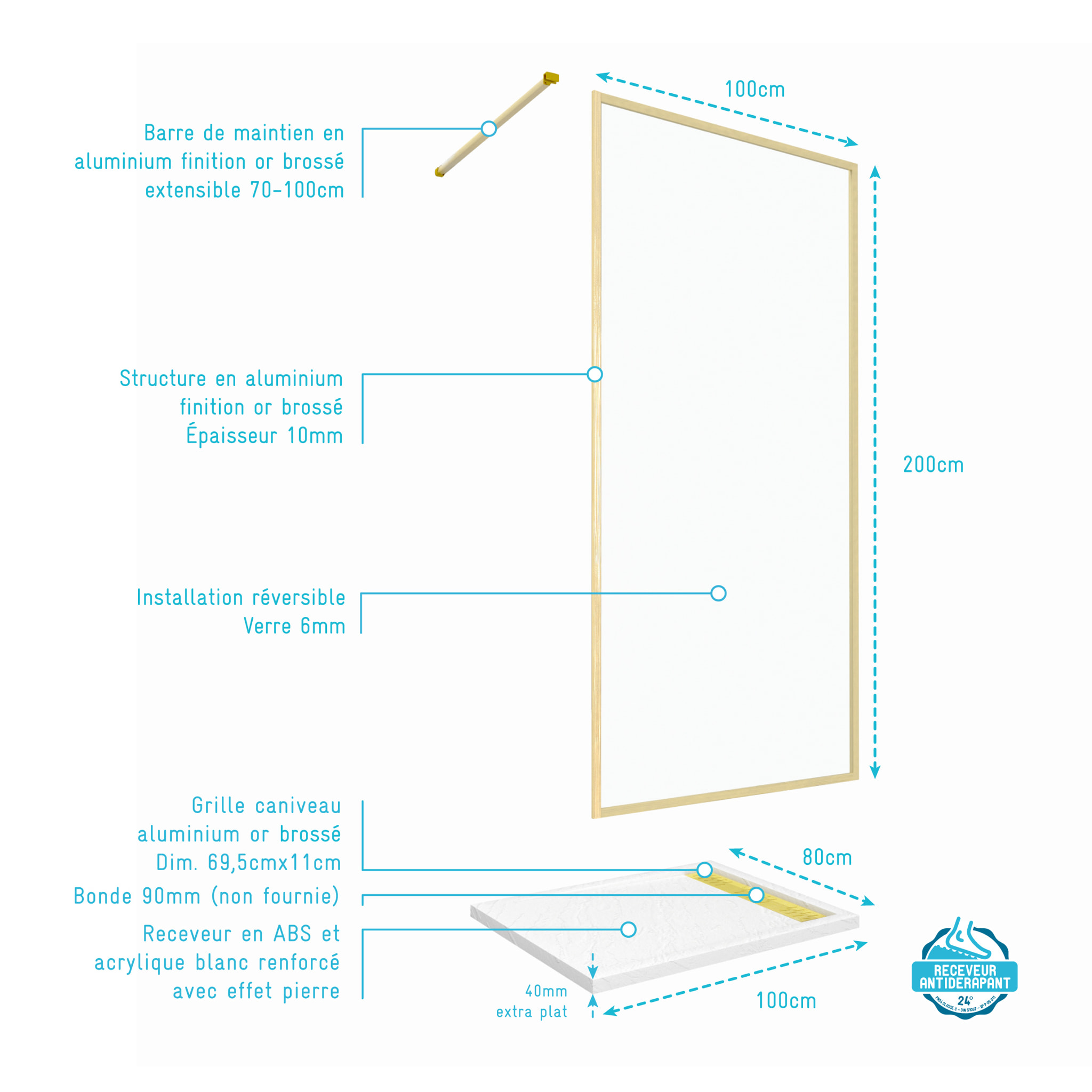 Paroi de Douche 100x200cm + Grille Finition Or Doré Brossé + Receveur Blanc effet pierre 100x80x4cm