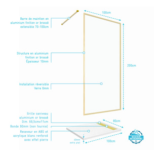 Paroi de Douche 100x200cm + Grille Finition Or Doré Brossé + Receveur Blanc effet pierre 100x80x4cm