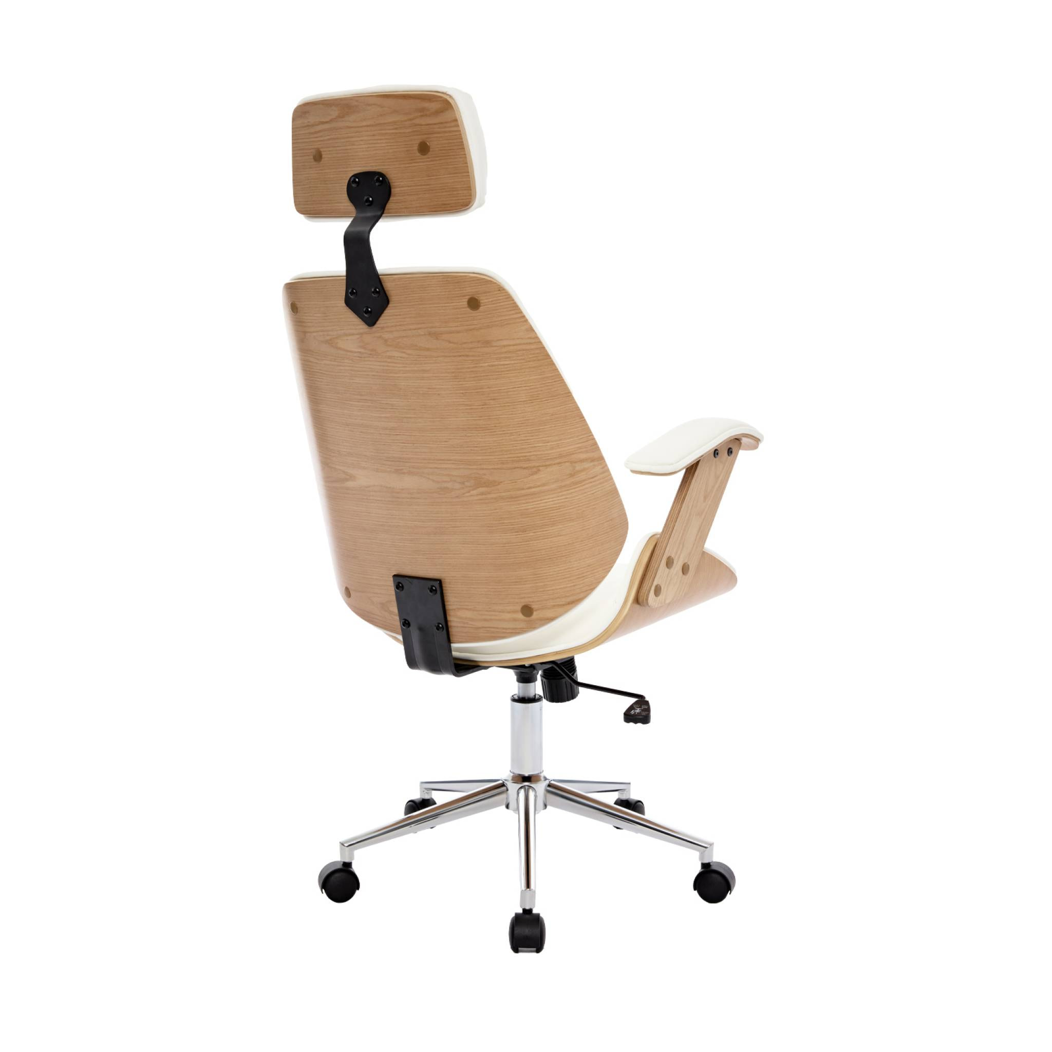 Chaise de bureau à roulettes décor bois courbé placage effet chêne et simili cuir blanc