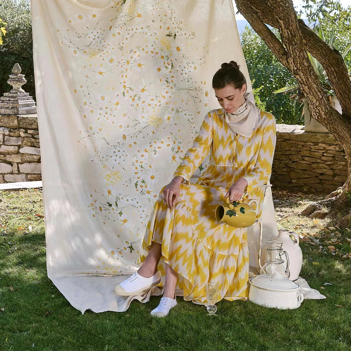 Nappe lin & coton lavé 150 g/m² imprimé jaune beige Daisy chanvre