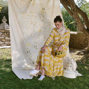 Nappe lin & coton lavé 150 g/m² imprimé jaune beige Daisy chanvre