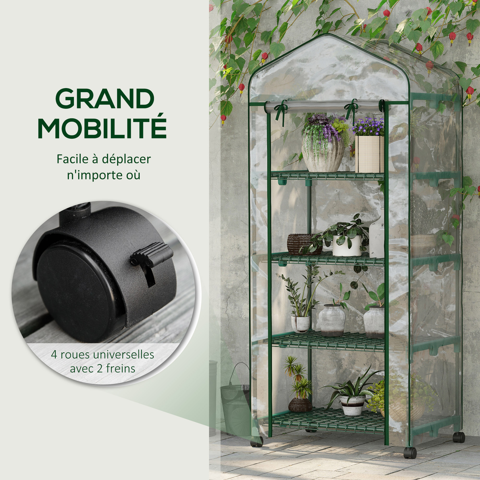 Serre de jardin balcon sur roulettes 4 étagères dim. 0,69L x 0,5l x 1,65H m acier thermolaqué bâche PVC porte zippée transparente