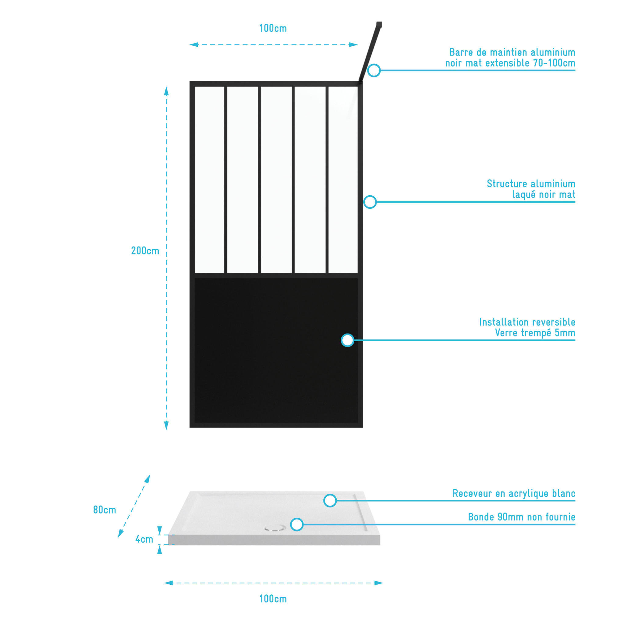 Pack Paroi de douche 100x200 CM NOIR MAT - VERRE TREMPE 5 mm + RECEVEUR A POSER RECTANGLE