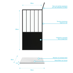Pack Paroi de douche 100x200 CM NOIR MAT - VERRE TREMPE 5 mm + RECEVEUR A POSER RECTANGLE