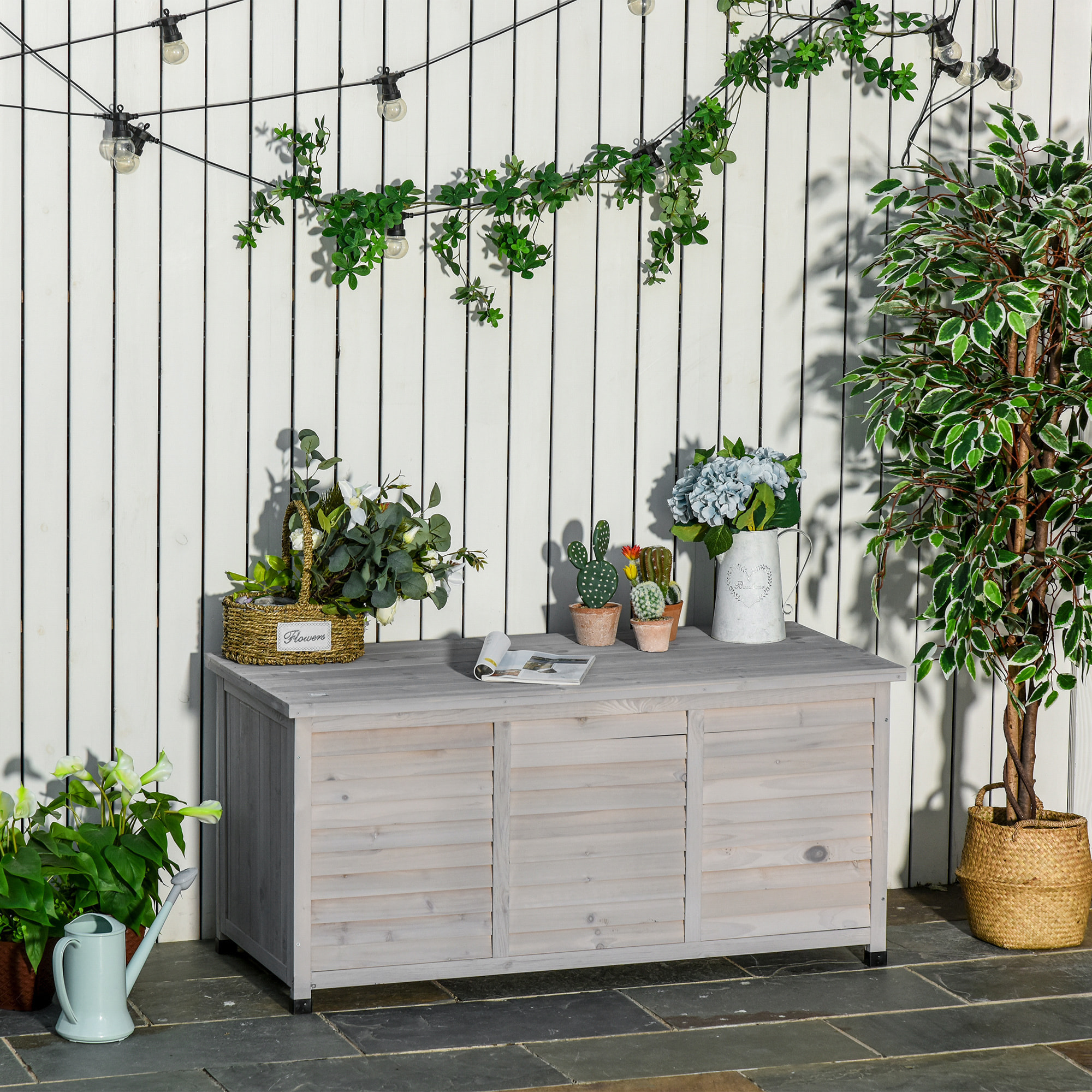 Coffre de rangement extérieur façade persienne - coffre jardin 283L - dim. 127 x 56 x 60cm - bois gris