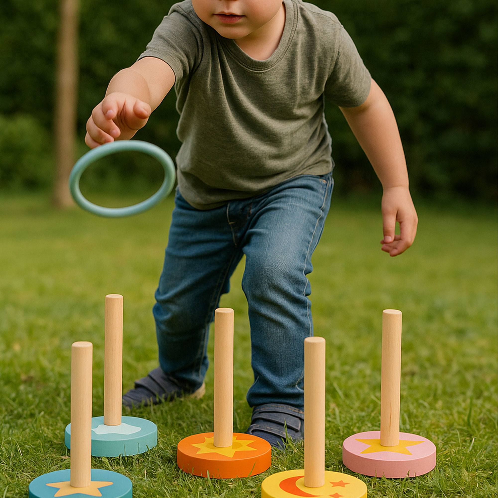 Well Home Juego de Lanzamiento del Anillo en madera con 5 soportes y 5 Anillos de plástico