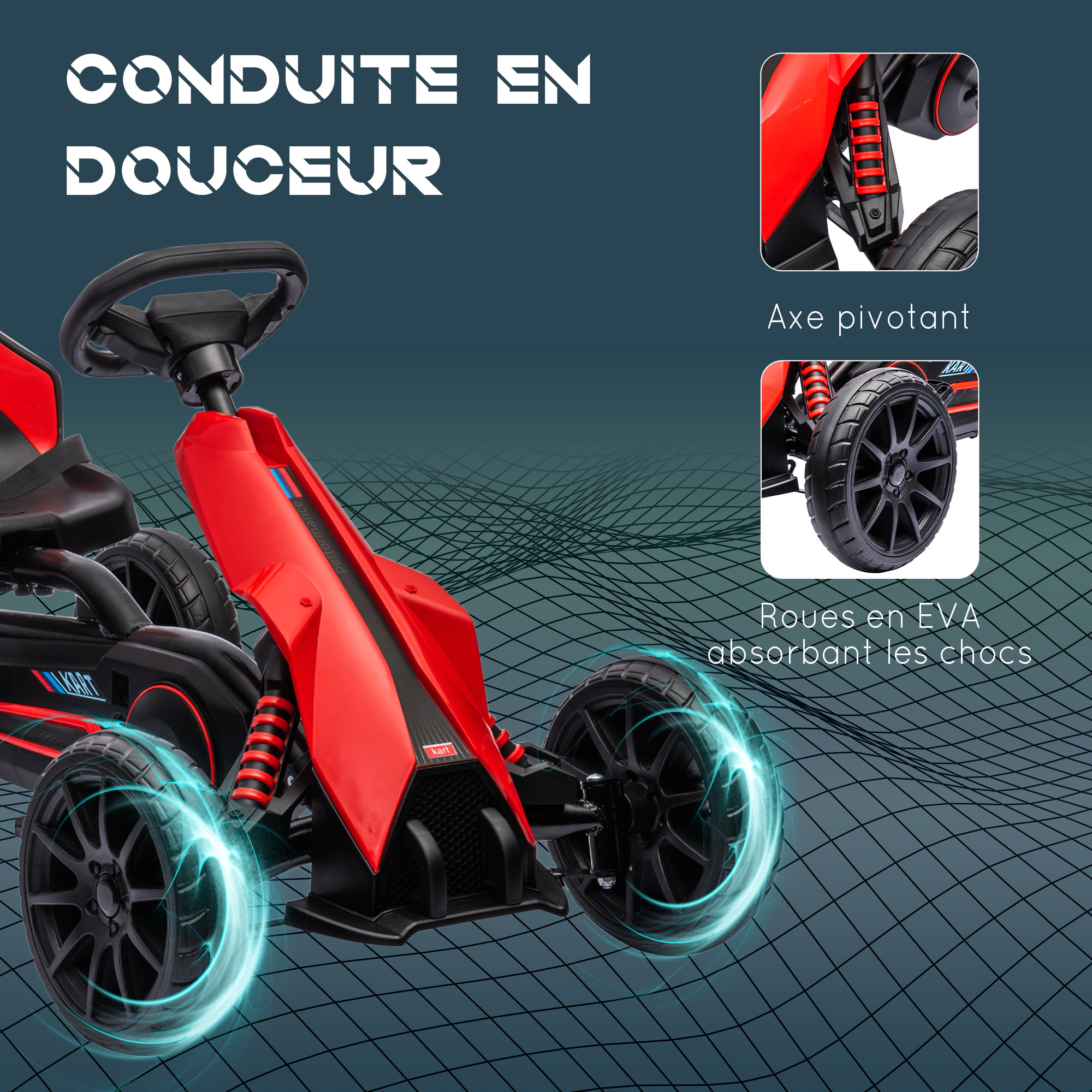 Kart à pédales enfant Go kart Formule 1 Racing aileron avant carter chaine fermé siège réglable avec ceinture rouge