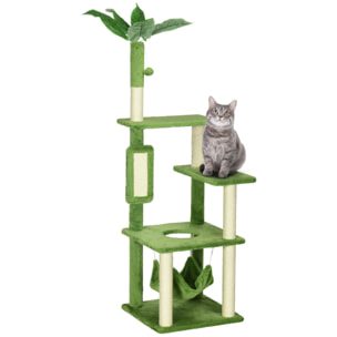 Árbol Rascador para Gatos Grandes de 142 cm Torre para Gatos de Interior con Postes de Sisal Plataformas Hamaca Hojas y Bola de Juguete 49x49x142 cm Verde