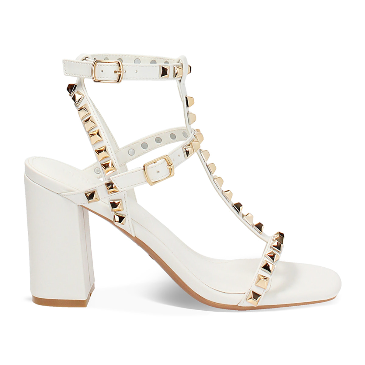 Sandalo donna bianco con borchie, tacco 8,5 cm