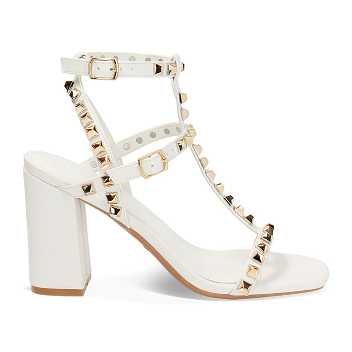 Sandalo donna bianco con borchie, tacco 8,5 cm