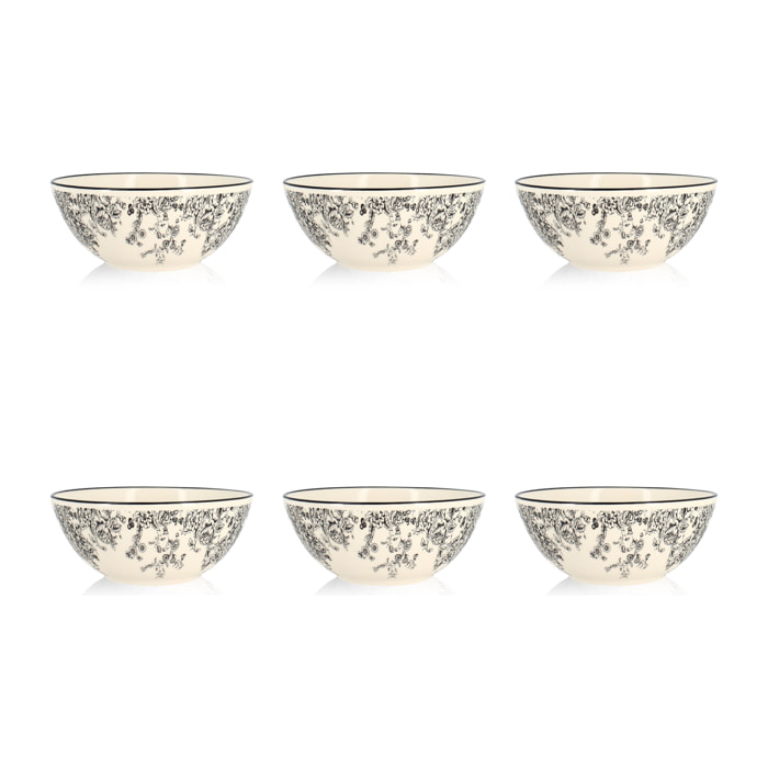Lot de 6 bols en grès décor fleuri noir 50cl FLORALI