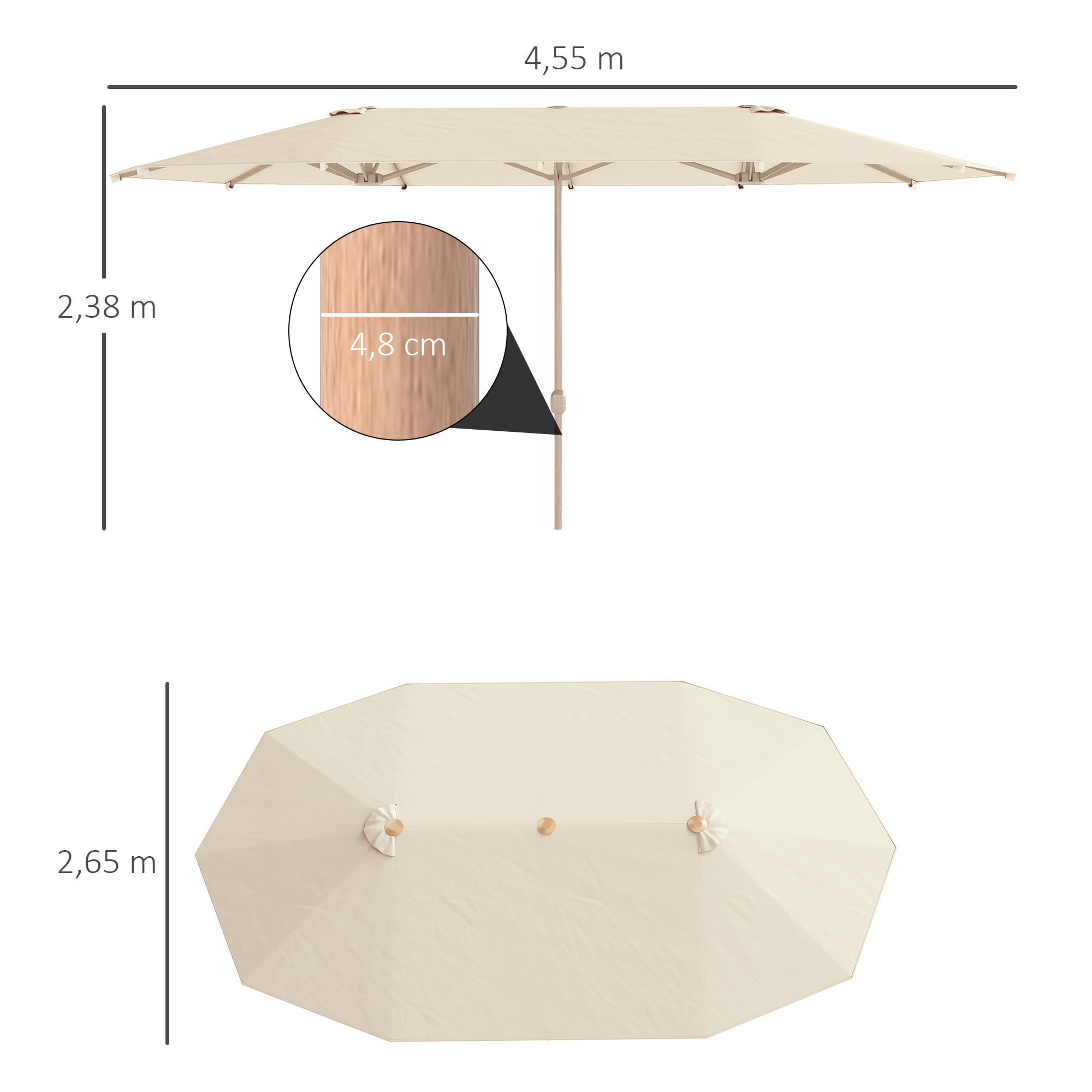 Sombrilla Doble 4,55x2,65 m Sombrilla Terraza Exterior con Manivela Manual Resistente al Agua y Protección Solar Sombrilla Grande para Terraza Playa Piscina Crema