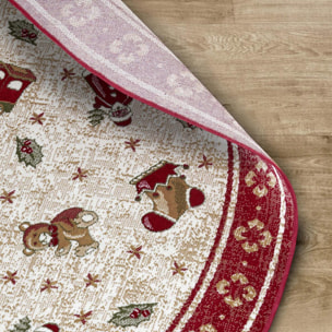 Tapis rond salon ou chambre enfant,  motif fêtes de SANTA 1, kilim original, entretien facile