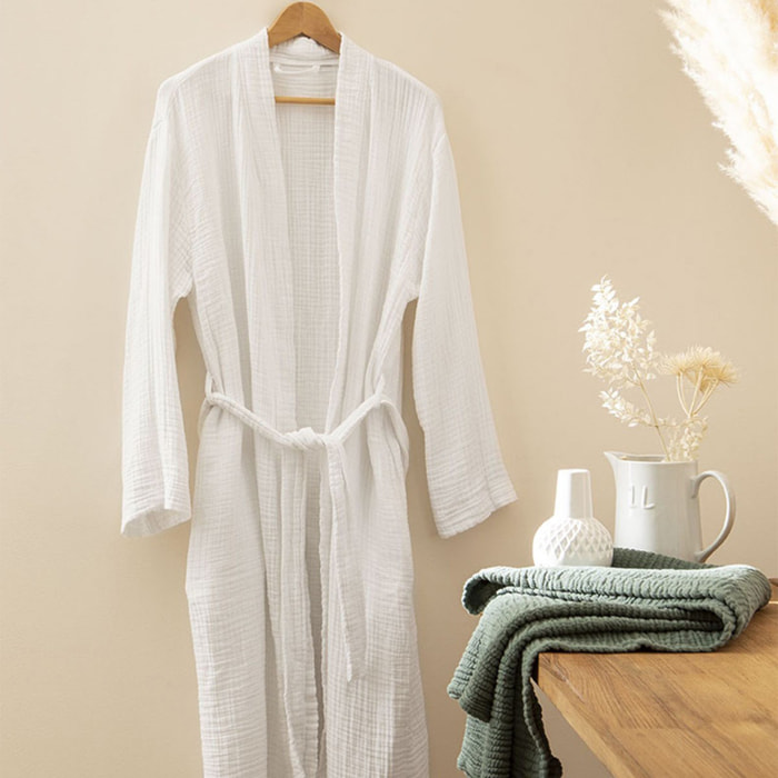Peignoir uni en gaze de coton, BONHEUR, Blanc