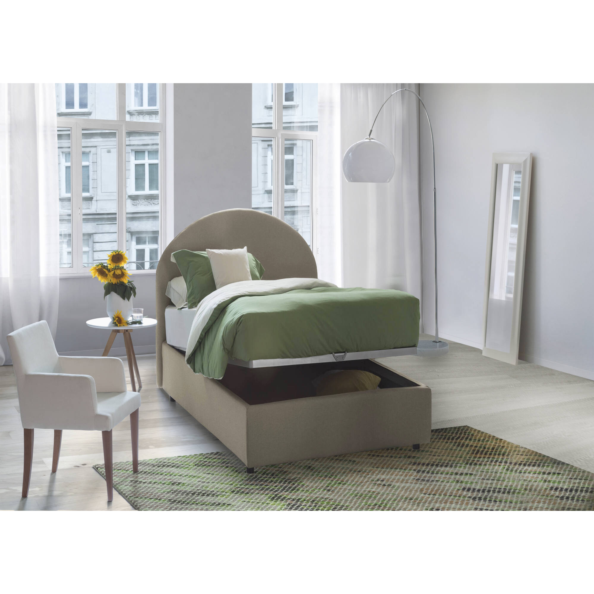 Letto singolo Egle, Letto contenitore con rivestimento in tessuto, 100% Made in Italy, Apertura frontale, con materasso Cm 80x190 incluso, Tortora