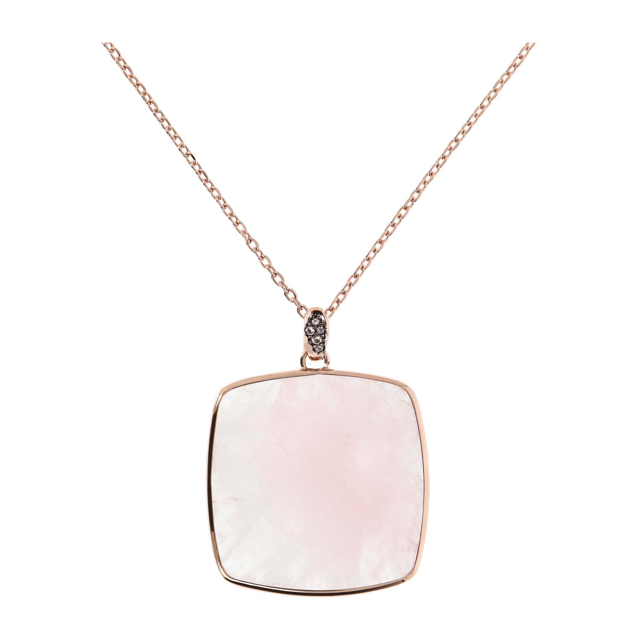 Collana con Pendente in Pietra Naturale Quadrata Quarzo Rosa e Pavé