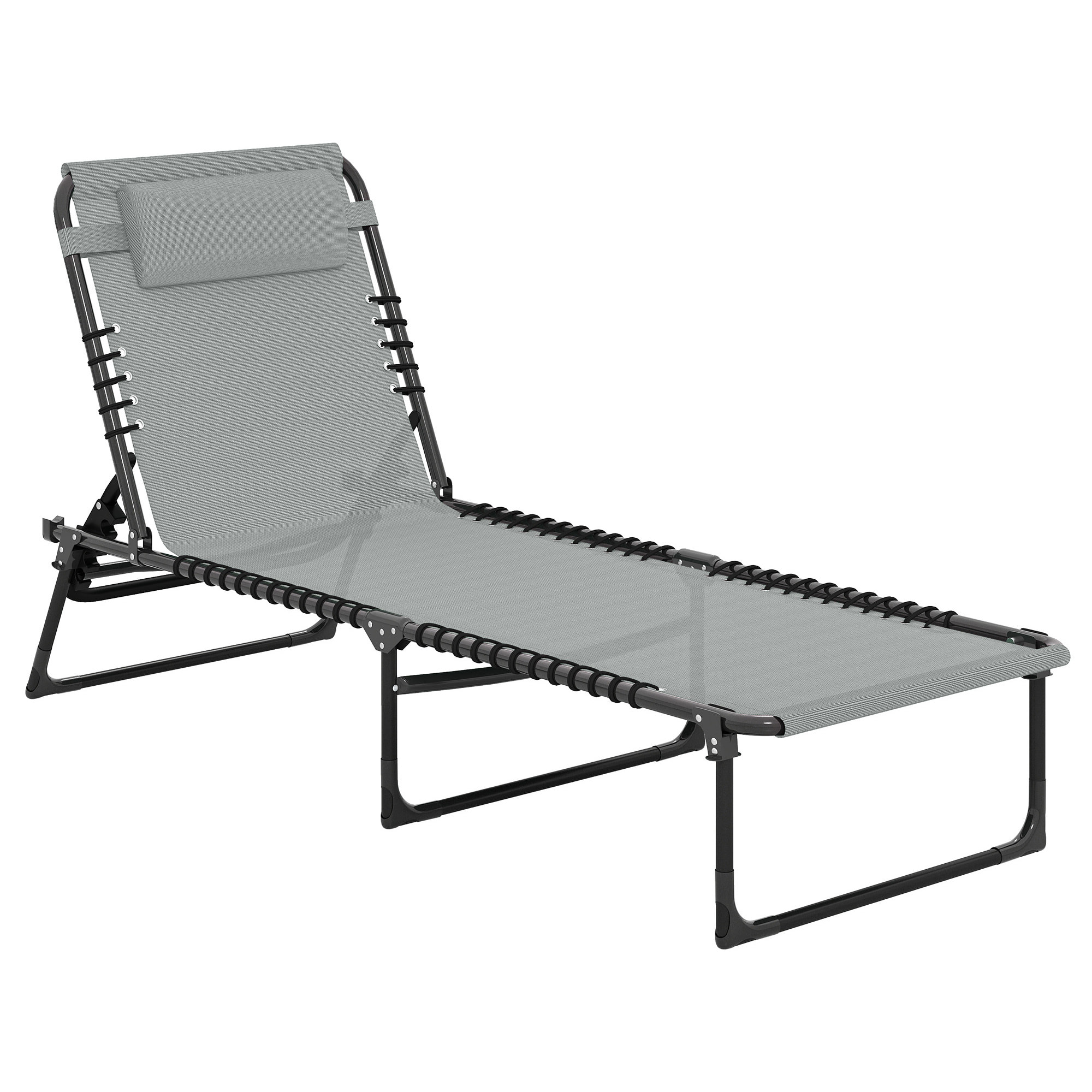 Bain de soleil transat pliable dossier inclinable multi-positions acier thermoplastique lacets élastiques noir textilène gris clair