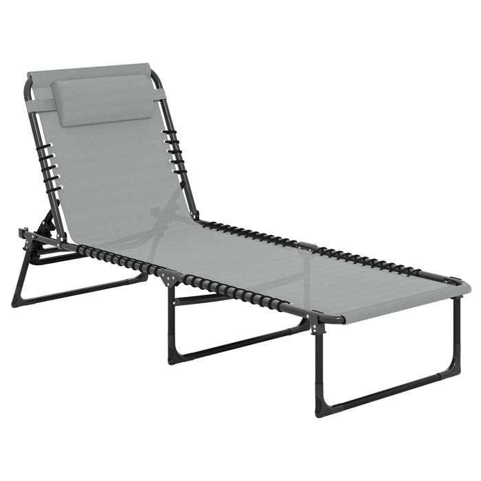 Bain de soleil transat pliable dossier inclinable multi-positions acier thermoplastique lacets élastiques noir textilène gris clair