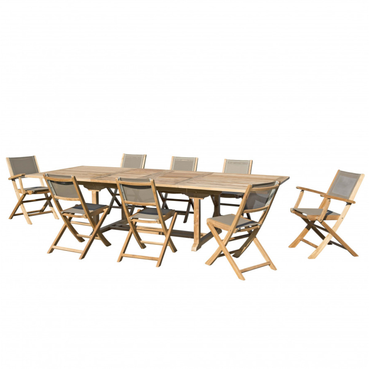 HARRIS - SALON DE JARDIN EN BOIS TECK 10/12 pers - 1 Table rect. extensible - 6 chaises et 2 fauteuils textilène couleur taupe