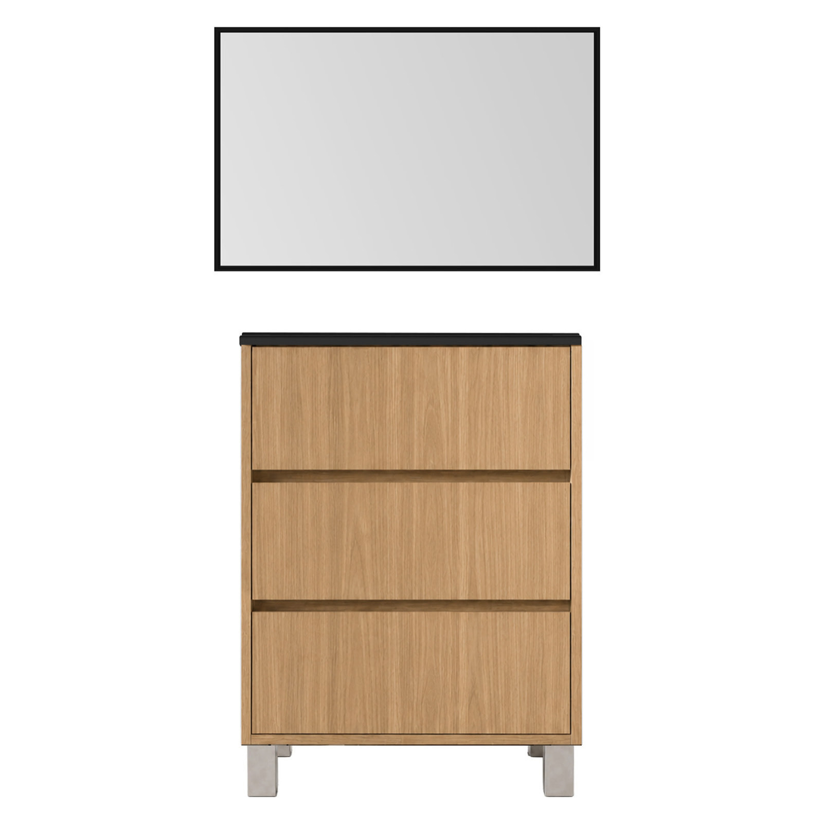Meuble de Salle de Bains 50cm 3 tiroirs Chêne Clair, Vasque Noire et Miroir Cadre Noir 50x70 XENOS