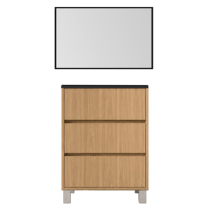 Meuble de Salle de Bains 50cm 3 tiroirs Chêne Clair, Vasque Noire et Miroir Cadre Noir 50x70 XENOS
